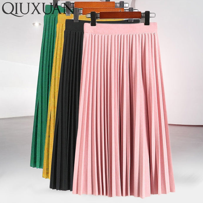 Women Fashion High Waist Pleated Solid Color Ankle Length Skirt